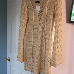 PrettyLittleThings Tan Crochet Knit Dress or Cover Up